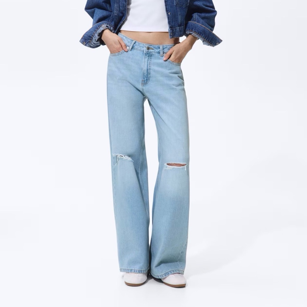 H&M Light Blue High-Rise Wide Leg Jeans with Knee Rips